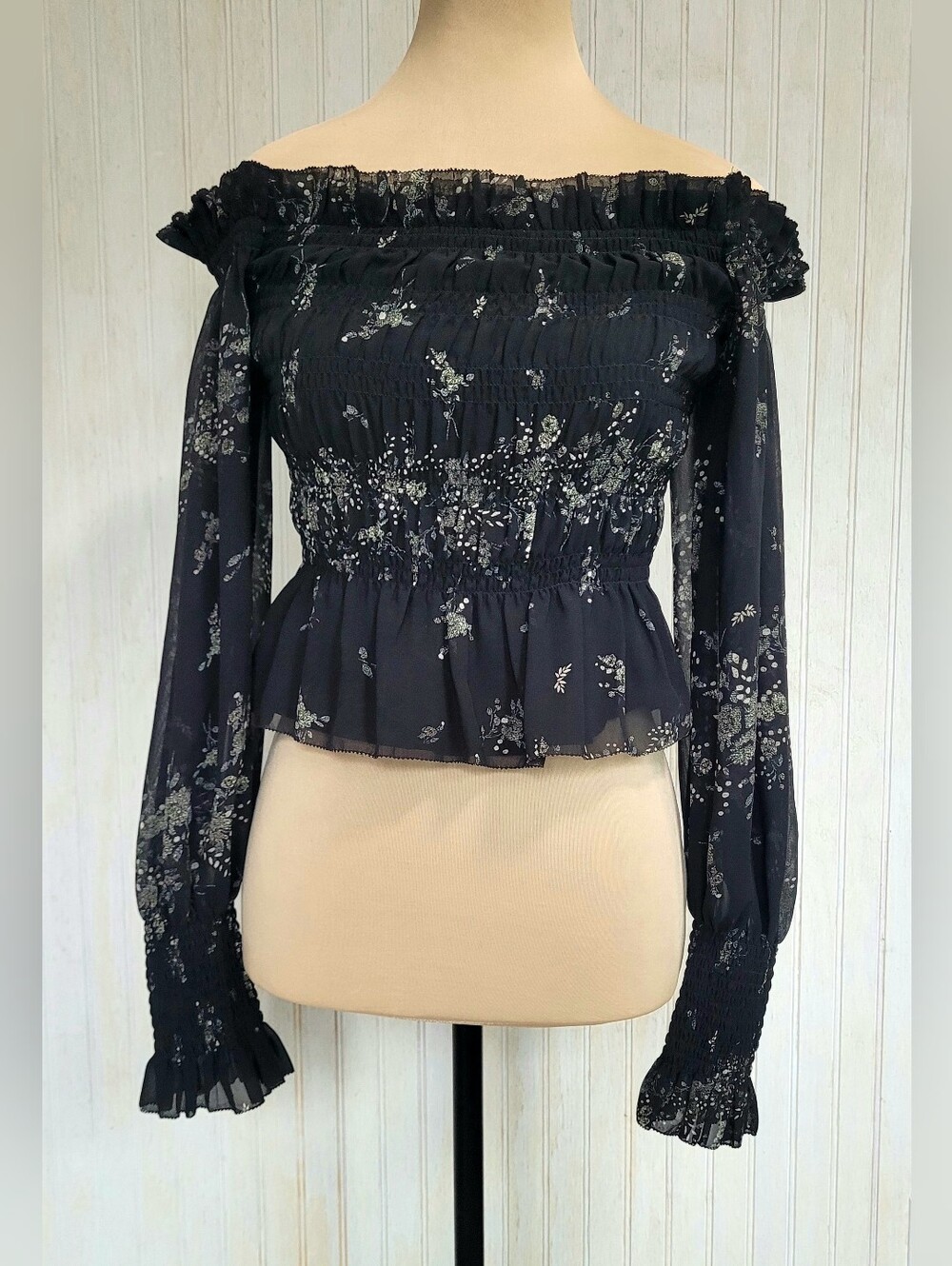 AllSaints Lara Initium Black Floral Smocked Top US 4 EUC